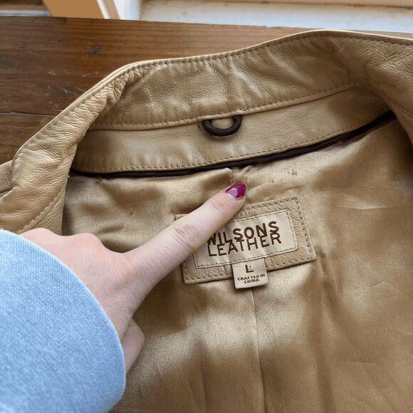 Wilson's Leather Beige Moto Jacket Genuine Leather Satin Lining, Size L - Picture 3 of 7